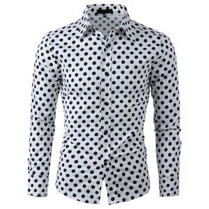 White Shirts Polka Dots Long Sleeve Slim Fit Printed Dress Button Down Shirt